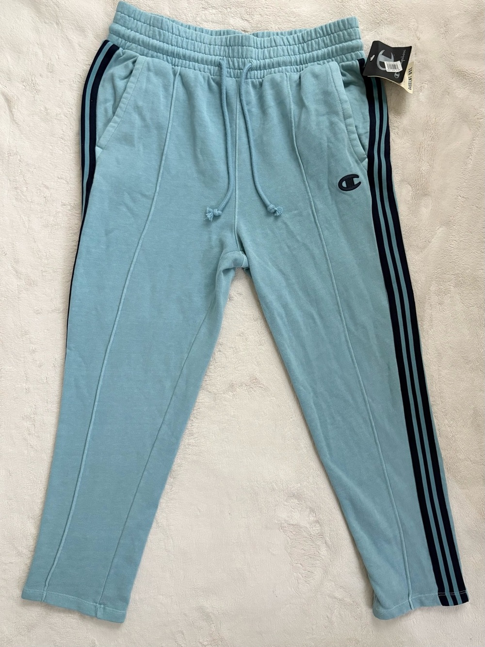 Champion Light Blue Track Pants with Navy Side Stripes
